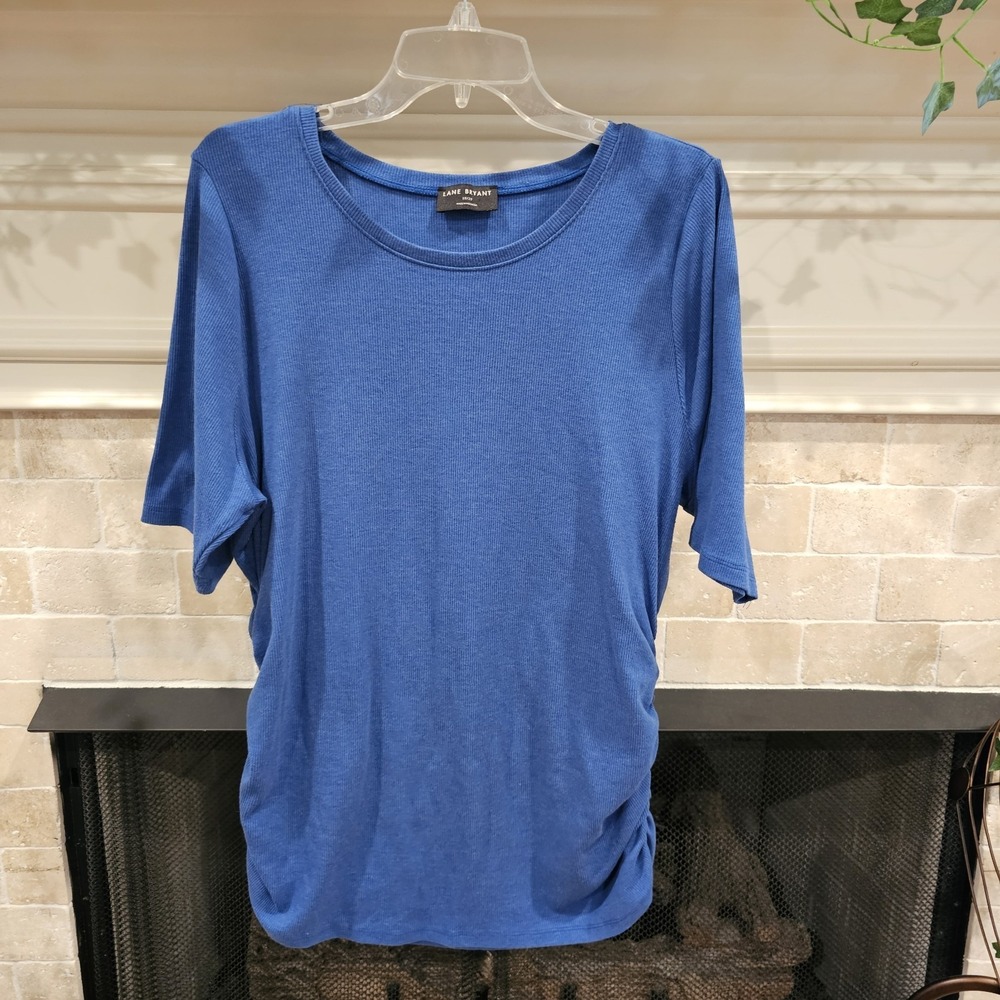 Lane Bryant Womens Blue Ribbed Ruched Short Sleeve 18/20